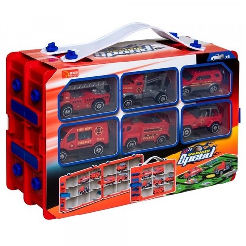 TRUCK SET -VS2211 - A set of special equipment in a suitcase.&nbsp;
This set includes 6 firefighting-themed cars. The car bodies are made of plastic and feature movable parts. The included paper play mat allows children to create a variety of play scenarios with the cars. A plastic carrying case with 18 compartments makes storing and transporting the cars much easier.&nbsp;
The set also includes fasteners that allow you to hang the suitcase on the wall as a shelf.&nbsp;For 3+ ages