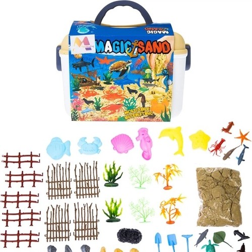 SEA ANIMALS-VS2332 - With the Mountainking Kinetic Sand Underwater World playset, your child can create a real aquatic wonderland and learn all about the creatures that live there. The sand doesn't dry out, doesn't stick to your hands, and is easy to clean.
The set includes sand, a sandbox, 6 ocean sand shapes, including a starfish, a seahorse, a turtle, and others, 6 ocean animal figures, including octopuses, whales, sharks, and others.