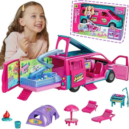 TRAVEL GIRL/9045-5 - Doll Camper Van Playset for girls,Portable Pretend Doll car Play,Camper Vehicle RV toy, Camper Van toy with Doll Furniture, Pool & Accessories,Transformable Camper Vehicles, Toddler Toys 3+
