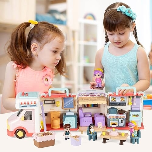 PERFECT HOME CAR-VS0777 - Marstone Doll House Toys for Girls 3 4 5 6 7 8+ Year Old, Transformable House Pretend Play Set Dollhouse Inertia Vehicle with Sound and Music for Birthday Gifts 3+