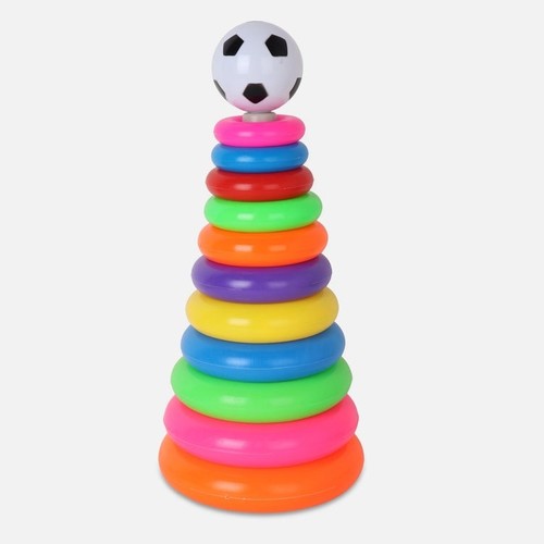 Hoop Throwing-VS2522 - The Toy Layer Rainbow Throwing Set With Fooball is a colorful rainbow stacking toy for preschoolers that blends stacking play with ball-toss fun to foster color recognition, hand–eye coordination, and imaginative exploration.
