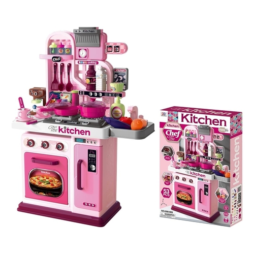 Kitchen Set-VS2651 - Made of durable plastic with a pink and white kitchen-style design
Features a double-burner stove with turning knobs and accessories
Comes with an oven door, mini sink area, and upper storage shelves
Includes visible clock, microwave panel stickers, and labeled bottles
Packaged in a printed box with visible contents and child safety icons