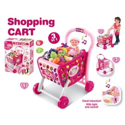 VS2666 Shopping Cart - The cart is primarily pink and white, made from high-quality, non-toxic, and durable plastic with rounded edges for safety . The set includes a variety of accessories such as toy fruits and vegetables, and a small doll is also visible in the cart.&nbsp; Educational Value: This toy encourages role-playing, which helps children develop social skills, imagination, hand-eye coordination, and learn about different types of foods.&nbsp; Age Range: Some product listings indicate an age range of 3 to 7 years.