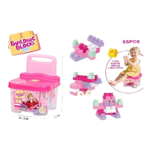 VS2568 Building Blocks - This item is a children's building block set, specifically identified as the Mega Bloks Create 'n Play Junior Fun Building Set.&nbsp;Components: Includes 55 colorful building pieces.&nbsp;Storage: Comes in a sturdy, functional storage container with a handle for easy transport.&nbsp;Unique Feature: The lid of the storage container acts as a build-off plate and can also be used as a real stool for a child to sit on.&nbsp;Specifications: The set is designed for early learning and fine motor skill development.&nbsp;&nbsp;age of 3 to 6 years.