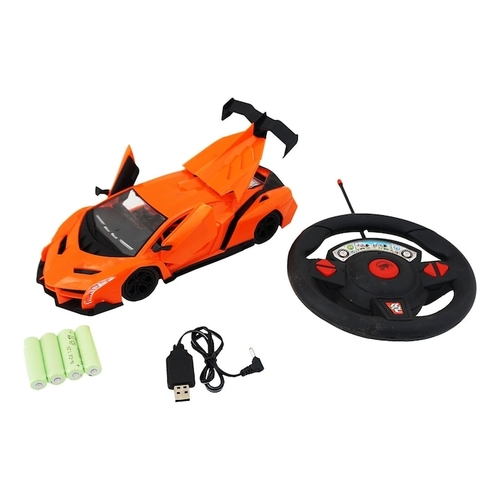 VS2617 R/C Car with Charger - The product pictured is a 1:16 scale remote-control (R/C) sports car with lights.&nbsp;Key features include:Scale: The car is a 1:16 scale model.&nbsp;Control: It is a radio-controlled (R/C) toy operated by a steering wheel-shaped remote control.Lighting: The car features lights.&nbsp;Variations: The image displays two color variations: red and orange/yellow.Age Recommendation: This toy is suitable for ages 3 and up.