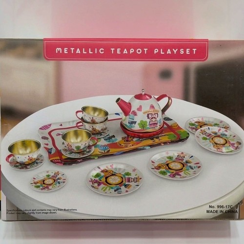 VS2620 Tea Set red - This colorful toy tea set designed for children's pretend play activities.&nbsp;Description of Contents:The set is arranged on a white table and includes a tray, a teapot, four cups, and five plates (one is partially visible behind another).The items feature vibrant decorations with a central character wearing a large hat (sombrero) and colorful clothing.The cups have a gold-colored interior.&nbsp;suited for children aged 3 and above.