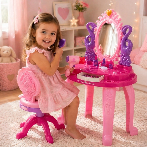 VS2564 Swan Dressing  Table - This Swan girls' pink musical dressing table toy set with a mirror and stool. This pretend play set is designed to encourage imaginative play and self-expression in young children.It comes with various pretend beauty accessories such as a toy hair dryer (which often requires batteries and makes sounds), mock lipsticks, nail polish bottles, rings, bracelets, and a necklace. age for this toy is 3 years and up.