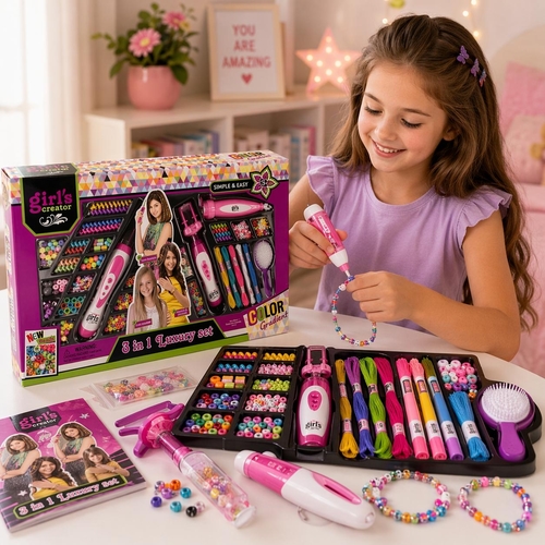 LUXURY HAIR FASHION/MBK-218 - The set includes 3 hair styling tools: a braider, a beading tool, and a braid. It also includes a wide range of accessories, including beads, rubber bands, cotton, and a hairbrush. - The control is so easy that even children can use it. - The hair braiding set allows you to create unique hairstyles quickly and easily. - The braider operates on two AA batteries, which are not included. - Package dimensions: 66 x 7 x 40 cm. - Suitable for children 5 years and older.