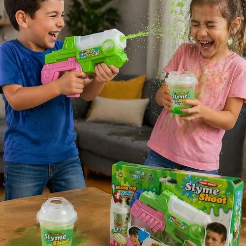 SLYME SHOOT-VS1875 - Slyme Shoot is the greatest thing to ever happen in the world of slime! The slime has more blasts and more distance than anything that's come before. Blast a total mile of slime! Slyme Shoot easily washes off with water. Empty the powder into the mixing cup and fill it with water. Give it a shake and you've made instant slime. easy to clean, non-staining slime!Includes: Slyme Shoot Gun & slime Powder.