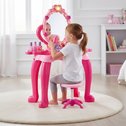 DRESSING TABLE-661-31 - GIRLS DRESSING TABLE TOY&nbsp; PINK DRESSER TOYS TABLE STOOL PLAY SET WITH LIGHT AND MUSIC FOR GIRL FOR 3+ AGES