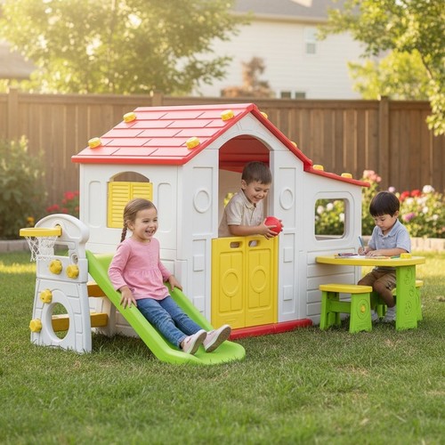 CHD-508W/PLAYHOUSE WITH SLIDE - TOMO BIG HOUSE WHITE WITH 3 PLAY ACTIVITIES &nbsp;FOR 3+ AGES 239*145*128 cm