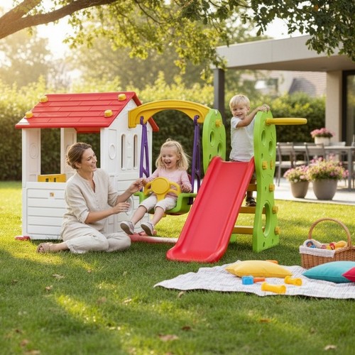 KIDS PLAYHOUSE SET/CHD-532 - TOMO SWING HOUSE AND SLIDE Recommended Age: Suitable for 2 years and above Product Dimensions: 163.5 x 109 x 128.5 cm