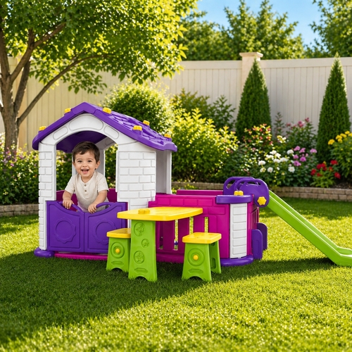 CHD-808P/PINK PLAYHOUSE - Easy assembly and good durability - Made of high quality safe plastic with UV protection -&nbsp; It has a play space that can be expanded to the desired direction - You can install where you want it, It has a slide Detachable - Contains a desk and two chairs  - Size / Weight: 2690 x 1600 x 1190 (mm) / 26.4 kg