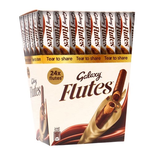 Happy Kids  - Galaxy Flutes Chocolate-OL031 - Galaxy Flutes Chocolate 11.25 g (24 Sticks)- Crispy wafer bites covered with milk chocolate
- Contains gluten
- Brand: Galaxy
- Origin: Egypt
- Weight: 11.25 g (24 sticks)
-270g
