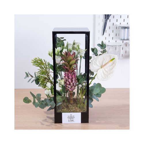 Embark - This rectangle acrylic open from two sides contains white anturium, brunia, esthoma and pineapple.
 Height: 40cm  Width: 30cm  Sell by: Quantity