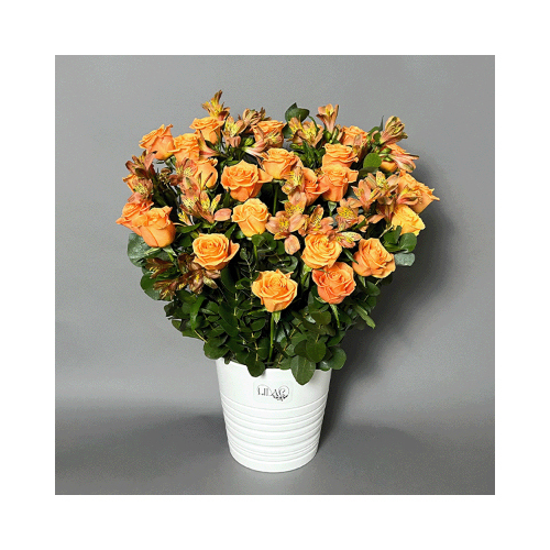 Orange - This vase contains orange roses and alstroemeria flowers.
 Height: 80cm  Width: 50cm  Sell by: Quantity