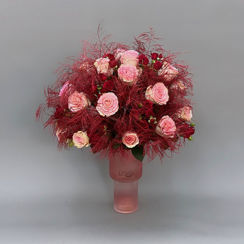 Crazy red - pink vase with red baby  rose, pink rose and red fern  
 Height 65 width 55