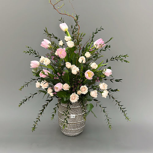 Thinking of you - Gorgeous vase with pink tulip, pink baby rose and wax  
 Height 80 Width 50