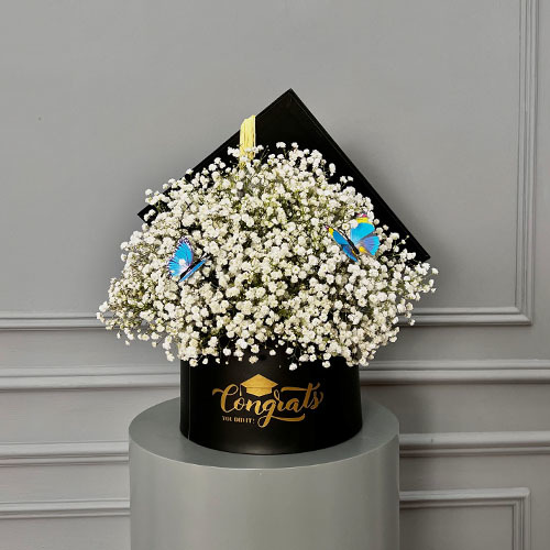 Only white - personalized black graduation cap contain blue gypsophila and butterflies Optienal: writing on the item maximum 18 characters 
 Height 45  Width 40