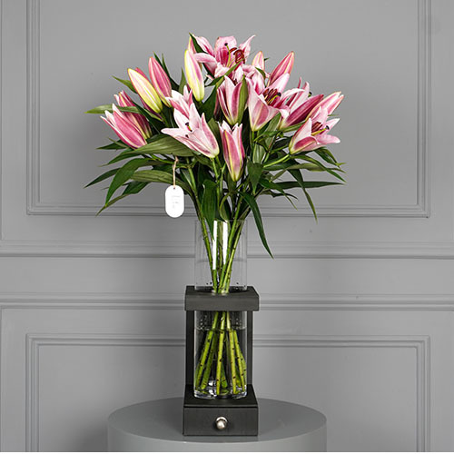 Pink Lily - Black wooden vas contain pink lilies and Belgian chocolate  Height 91  Width 52