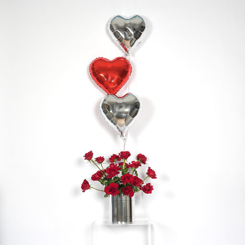 Olivia - Metallic silver box contain red roses with 3 heart shape balloons silver and red color  Height 55 Width 60