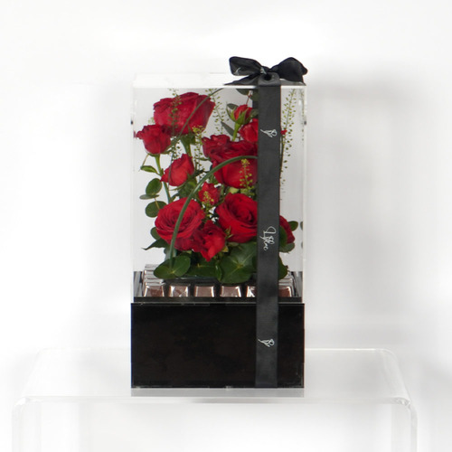 Lyla - Acrylic box contains red roses, red baby rose and belgein chocolate  Height 37 Width 20