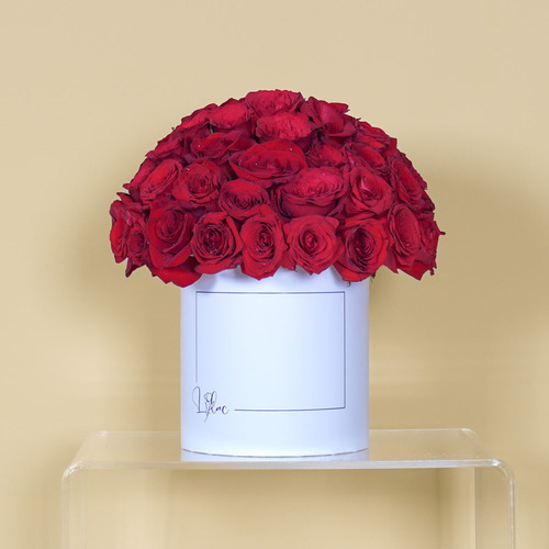 Atoma - white box with 50 red roses  Height 37 Width 33