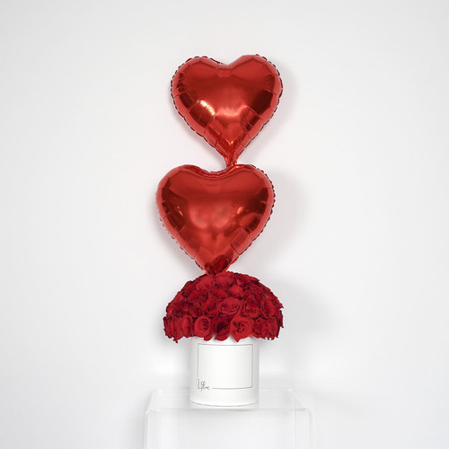 Aria - White box contains more than 35 red roses and heart shape balloons  Height 37  Width 33