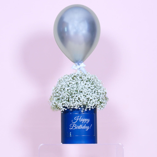 Indigo - Blue box contains white gypsophila and balloon  Height 79 Width 32