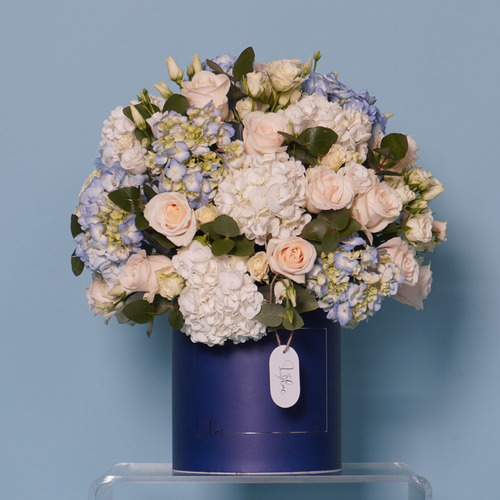 LULU - Blue box contains blue hydrangea, white hydrangea, white rose, white baby rose and white eustoma. 
 Height 50 Width 38