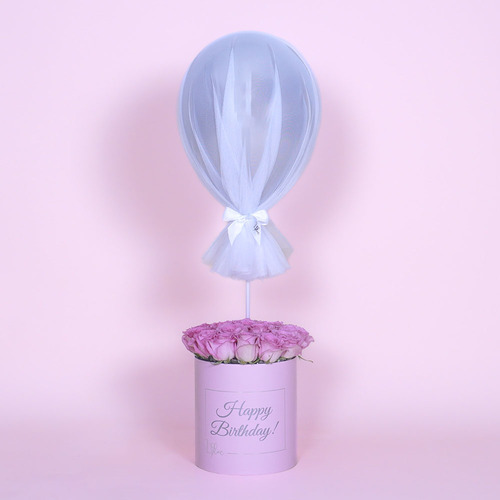 Powder Pink - This blue box contains pink roses and a balloon. Height 85 Width 25