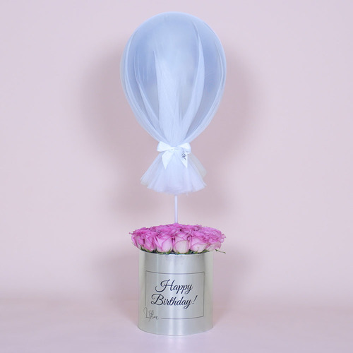 Silver - Silver metallic box contains pink roses and a balloon. Height 85 Width 25