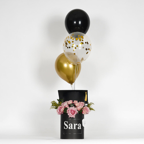 Sara 2 - Black box with a graduation cap contains pink rose, pink baby rose and balloons  Height 110  Width 50