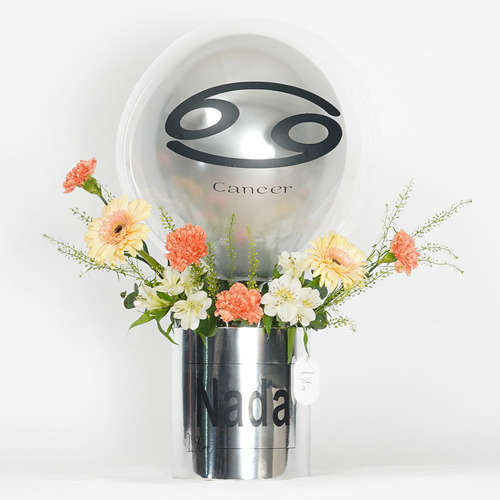 Cancer - Silver vase contains peach gerbera, carnation, alstroemeria and a balloon  Height 68 Width 57