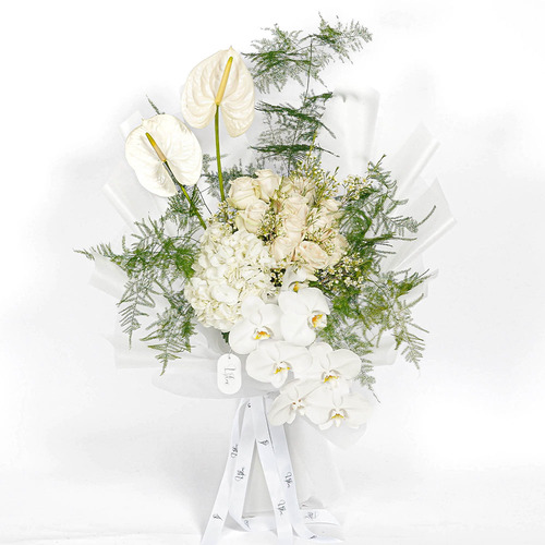 Saba - Hand bouquet contains white hydrangea, white anthurium, white orchid and white rose  Height 87 Width 70