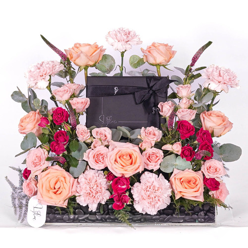 Flowers & Chocolate - Acrylic tray contains peach rose, pink baby rose, fuchsia baby rose, pink carnation and Belgian chocolate