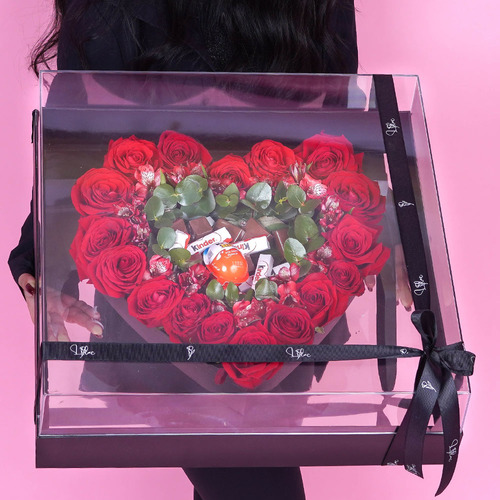 Kinder - Acrylic Box contains red roses blgien chocolate and kinder