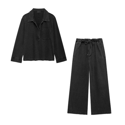 STRAIGHT TROUSERS SET / WD-0018 - BLACK DENIM STRAIGHT TROUSER SET