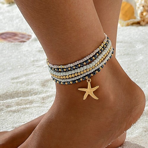 STARFISH BEADED ANKLET / WA-0034 - COLOR GRAY AND WHITE BEACH STYLE STARFISH BEADED ANKLET