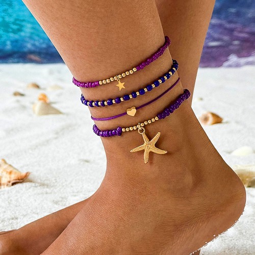 STARFISH BEADED ANKLET / WA-0032 - COLOR PURPLE BEACH STYLE STARFISH BEADED ANKLET