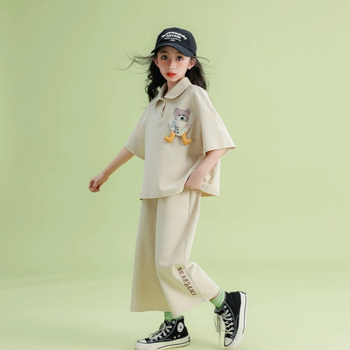 Wide-leg Pants Two-piece Suit / KC-0002 - Internet celebrity girls' leisure suits for middle and large children's summer new style cartoon short-sleeved fashionable wide-leg pants two-piece suit. Suitable for height 120cm COLOR: GREY, APRICOT