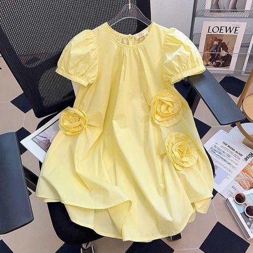 Short-sleeved Girl princess dress Korean style / KC-0001 - Girls summer dress fashionable short-sleeved girl princess dress Korean style thin medium and large children's casual skirt Suitable for height : 110cm, 120cm, 130cm Color: Yellow Rose , Pink Rose