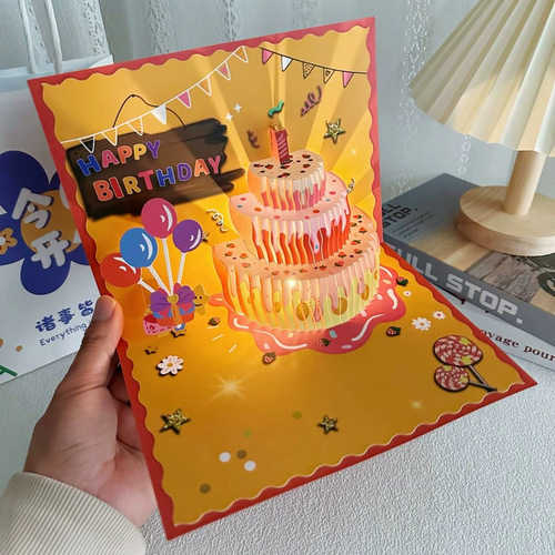 Birthday Card Music Cake / OR-0004 - Spring Blue Birthday Card Music Cake Handmade 3D Hollow High-end Birthday Gift for Friends Foreign Trade [Product Snapshot] Music Yellow Light Size : 15*15cm
