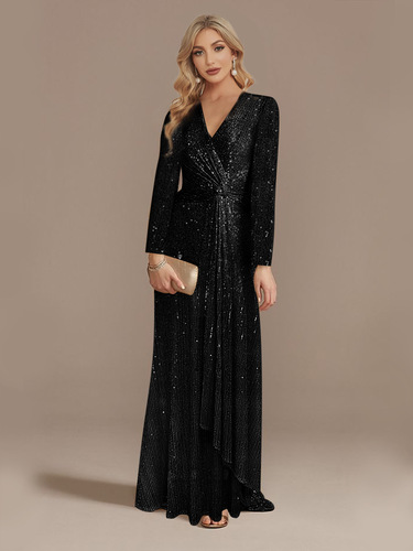 Long-sleeved V-neck Dress / WD-0012 - 2025 new multi-color European and American cross-border hot-selling long-sleeved V-neck fishtail banquet evening dress dress female spot Color: Black