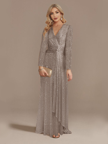 Long-sleeved V-neck Dress / WD-0009 - 2025 new multi-color European and American cross-border hot-selling long-sleeved V-neck fishtail banquet evening dress dress female spot Color : Space Gray