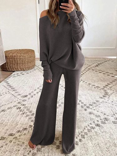 Long sleeves high waist trousers Two-piece suit / WD-0005 - Cross-border autumn and winter new solid color simple bat sleeves long sleeves drawstring high waist wide leg trousers knitted two-piece suit Color: Dark Grey