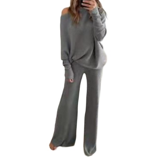 Long sleeves high waist trousers Two-piece suit / WD-0003 - Cross-border autumn and winter new solid color simple bat sleeves long sleeves drawstring high waist wide leg trousers knitted Two-piece suit Color: Grey