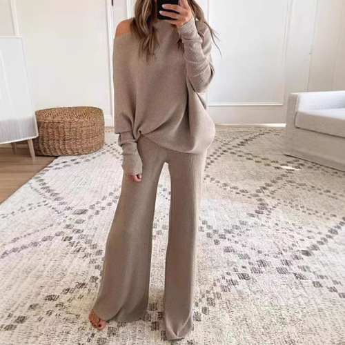 Long sleeves high waist trousers Two-piece suit / WD-0001 - Cross-border autumn and winter new solid color simple bat sleeves long sleeves drawstring high waist wide leg trousers knitted two-piece suit Color: Khaki