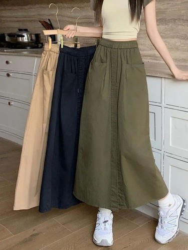 DOUBLE POCKET SKIRT / WD-0021 - COLOR: GREEN, KHAKI, BLACK LOOSE DOUBLE POCKET SKIRT