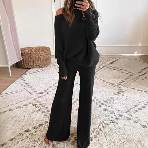 Long sleeves high waist trousers Two-piece suit / WD-0002 - Cross-border autumn and winter new solid color simple bat sleeves long sleeves drawstring high waist wide leg trousers knitted Two-piece suit Color: Black